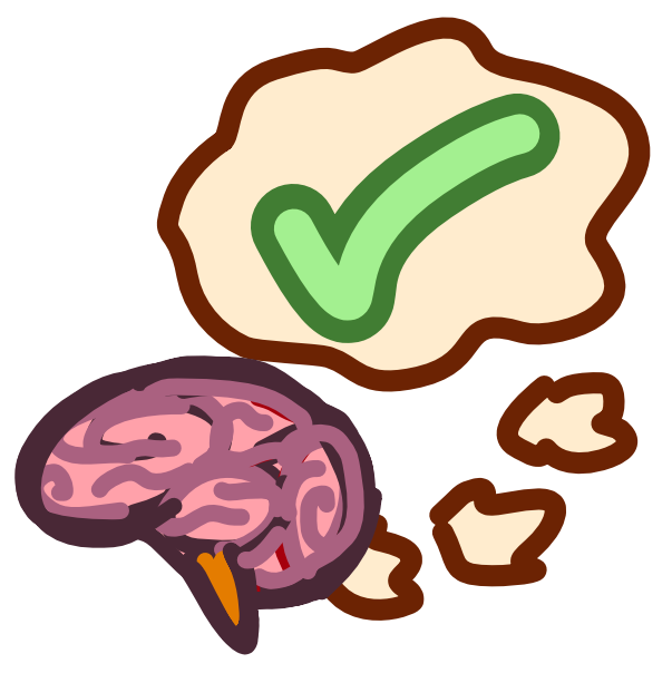 A cartoon drawing of a brain sits at the bottom left of the screen. From it comes three small clouds leading to a big thought bubble with a green check mark inside.